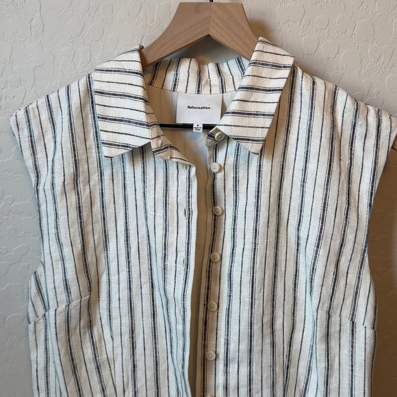 Reformation Arella 100% Linen Button Down Mini Dress in Elsie Stripe Size 6 - Picture 6 of 10